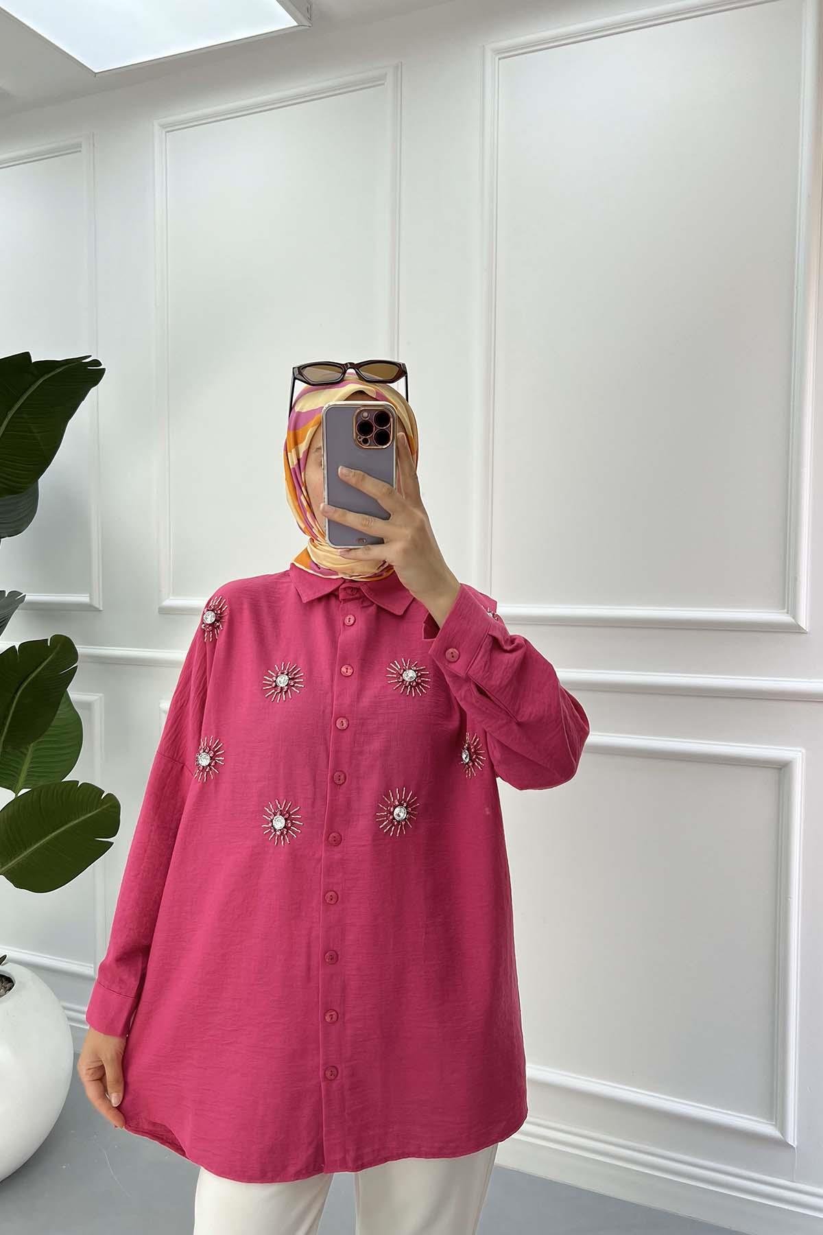 Taş İşlemeli Ovesize Gömlek Pembe