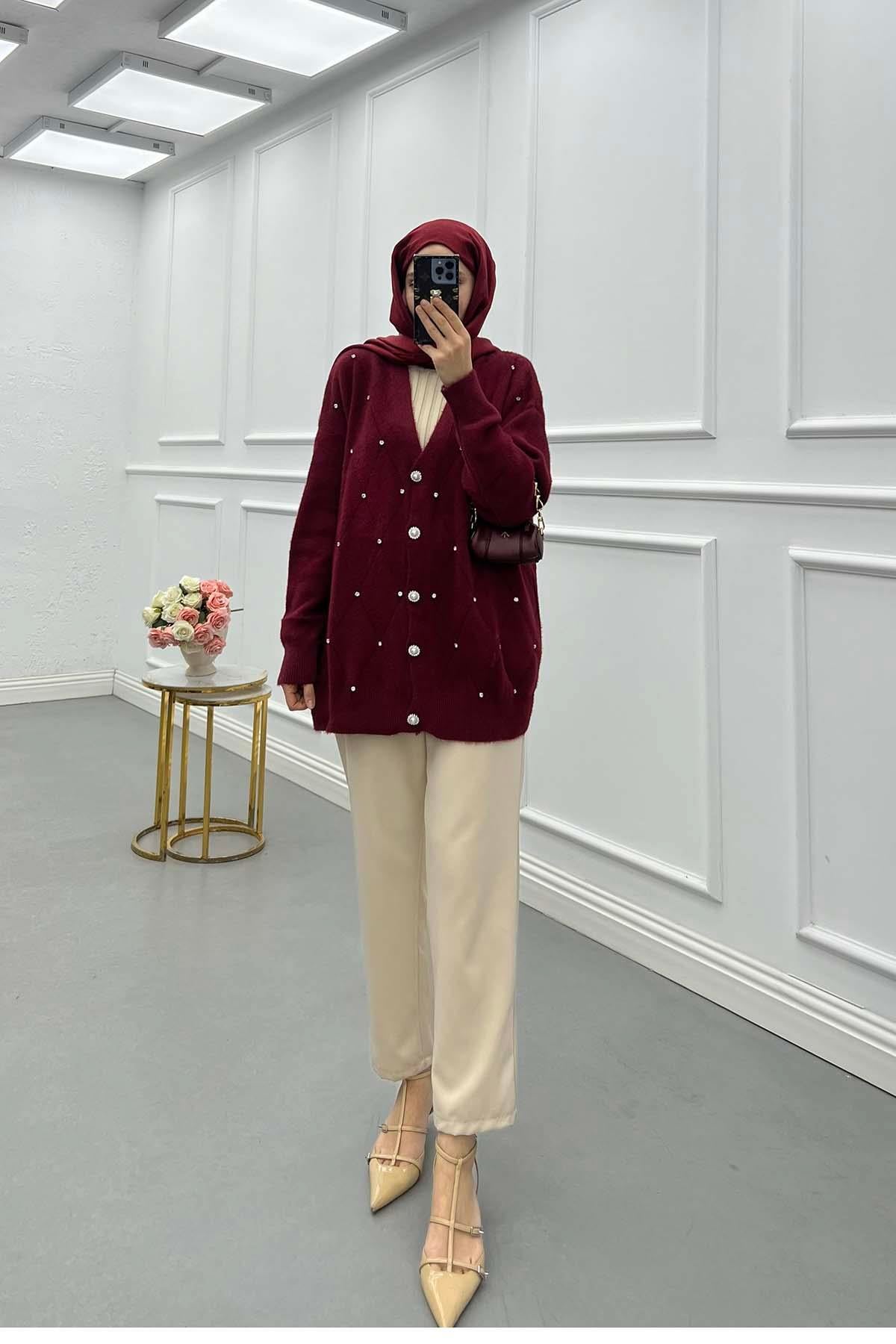Taşlı Angora Hırka Bordo