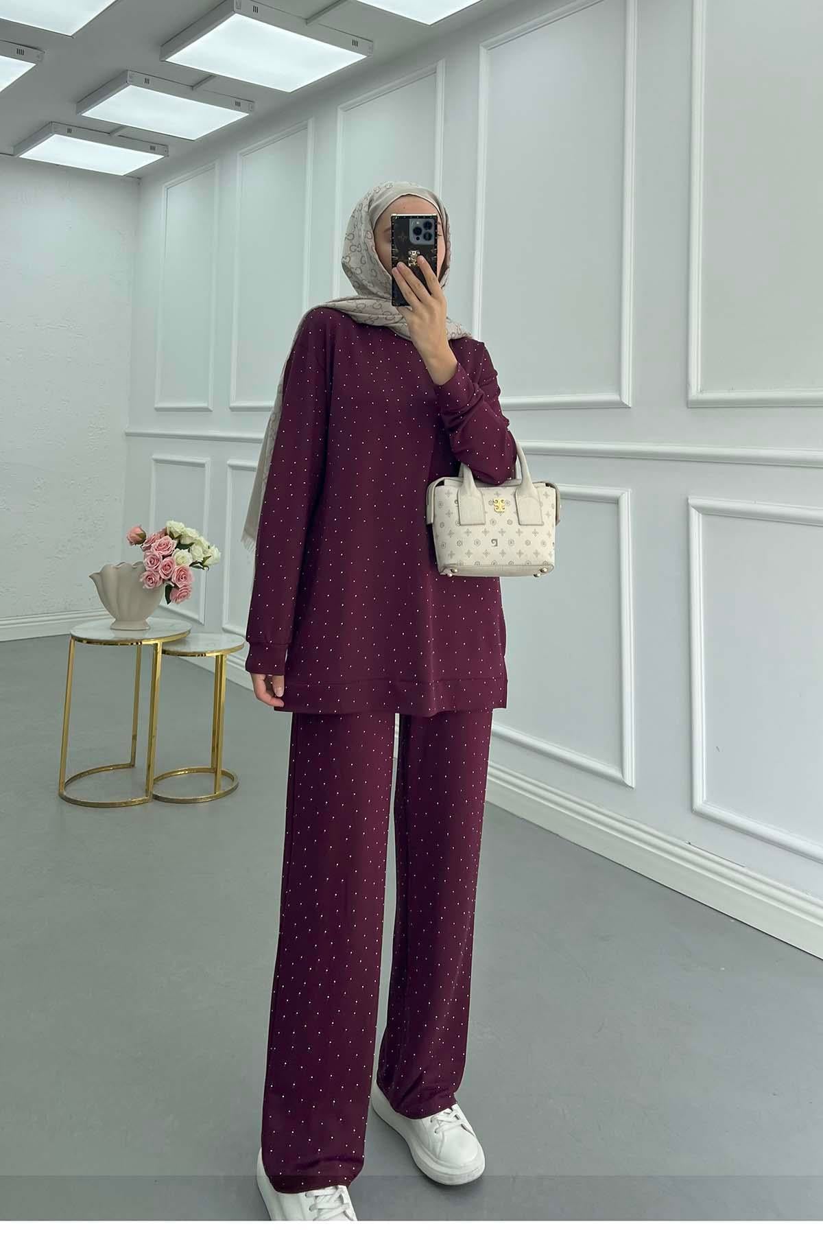 Taşlı Beli Lastikli Oysh Takım Bordo