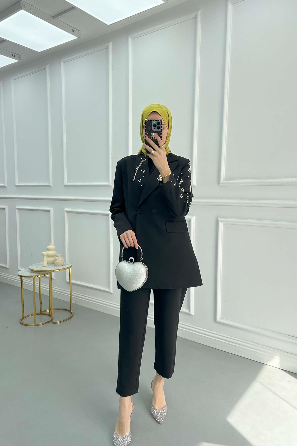 Taşlı Blazer Ceket Siyah