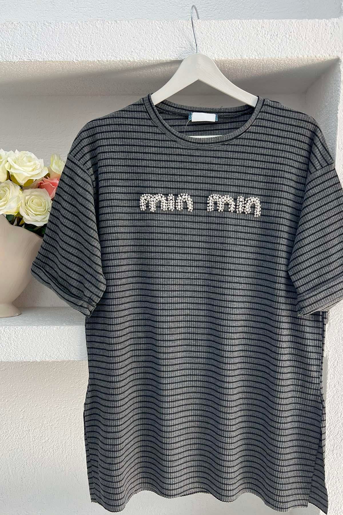 Taşlı Çizgili Mın Tshirt Gri