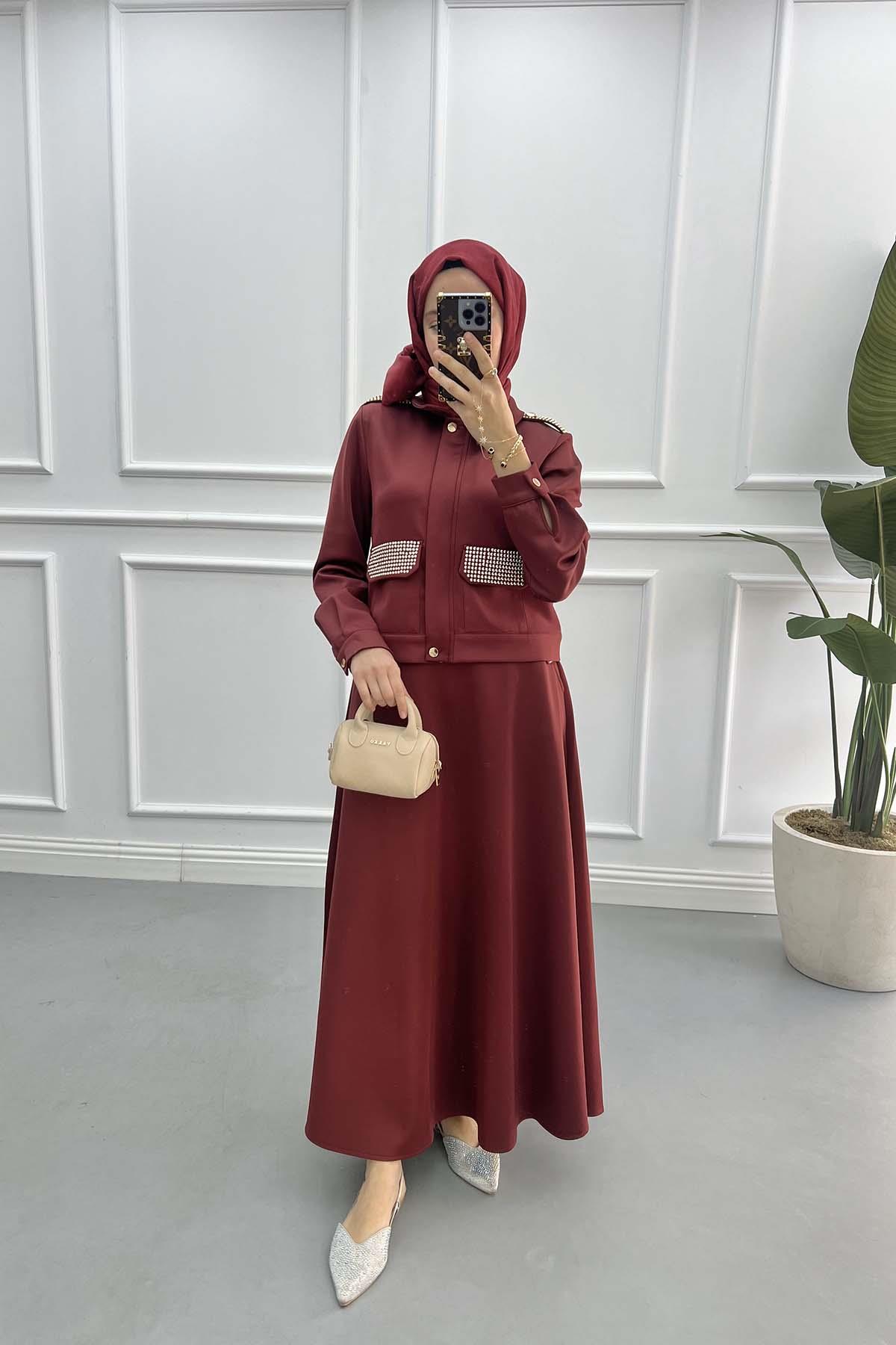 Taşlı Etekli Takım Bordo