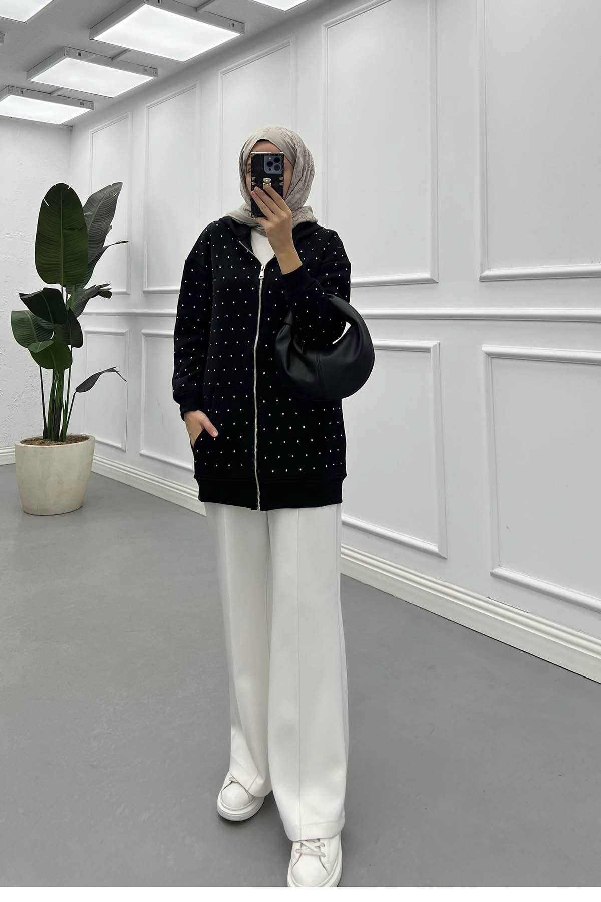 Taşlı Fermuarlı Şardonlu Sweat Siyah