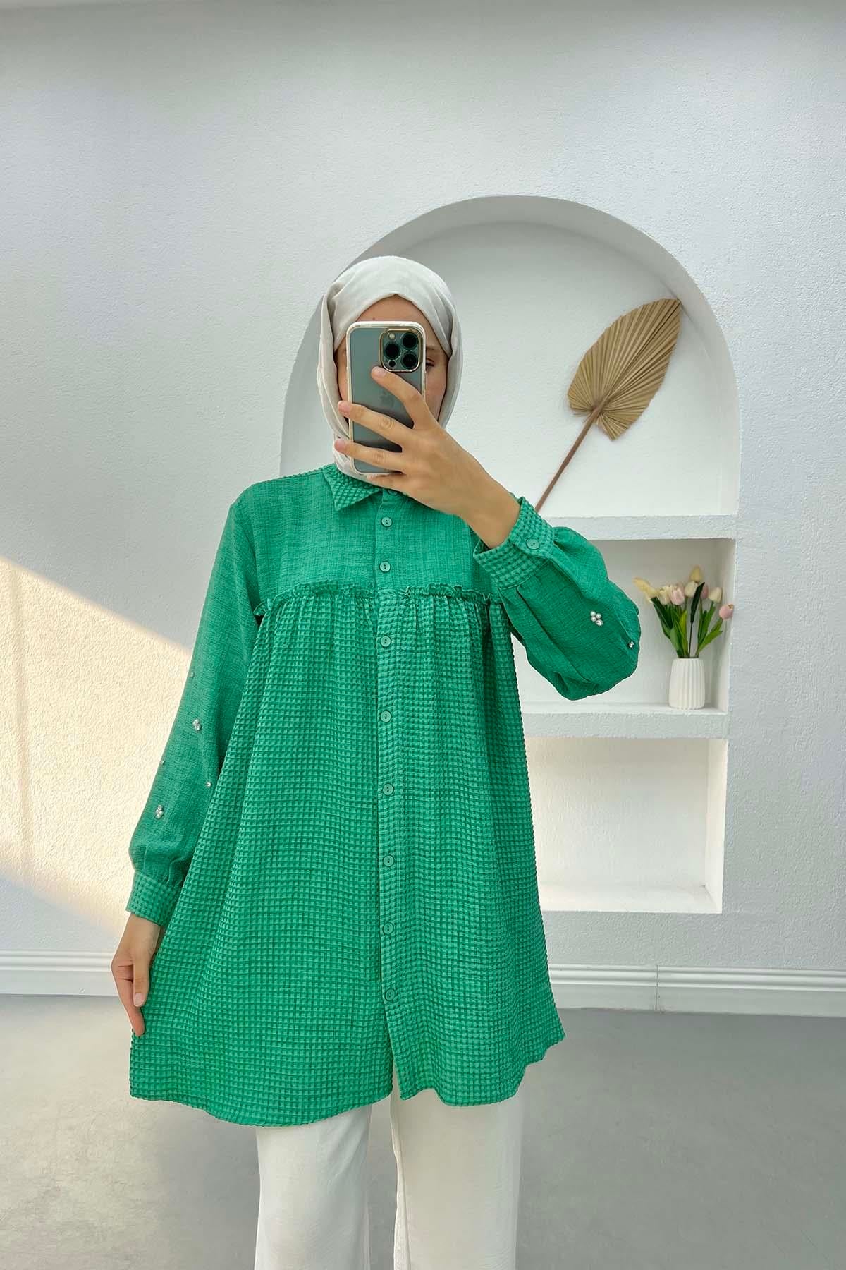Taşlı Fırfrlı Gofre Tunik Benetton Yeşil