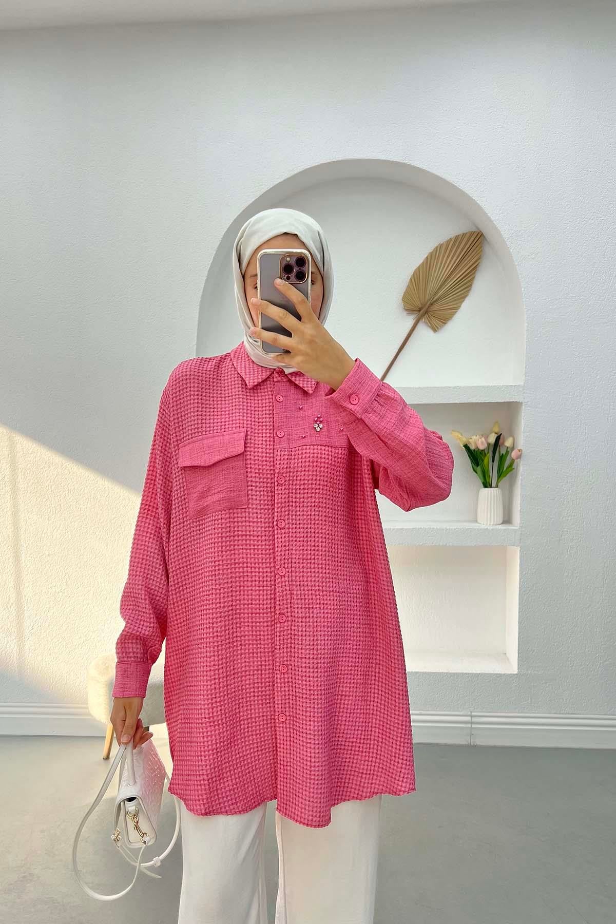 Taşlı Gofre Tunik Fuşya