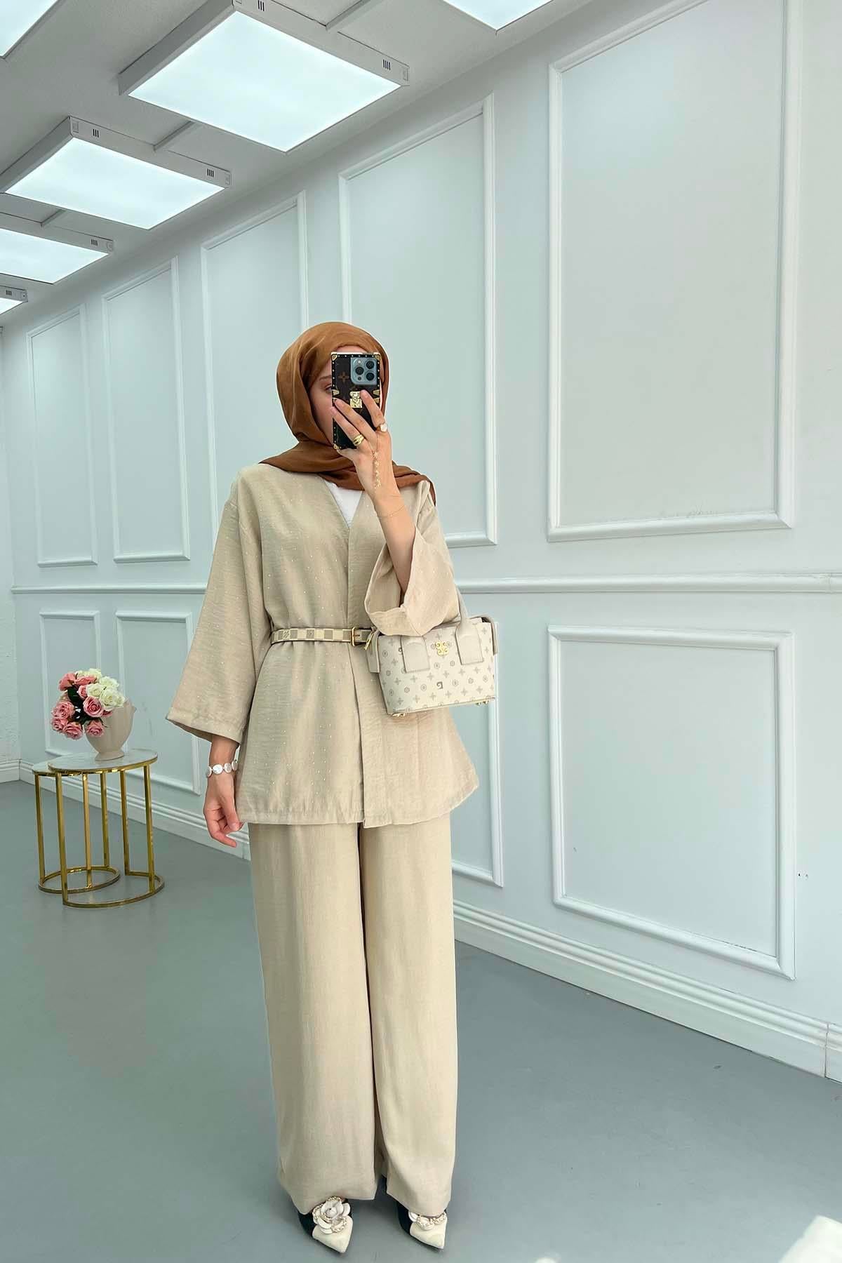 Taşlı Kimono Takım Bej