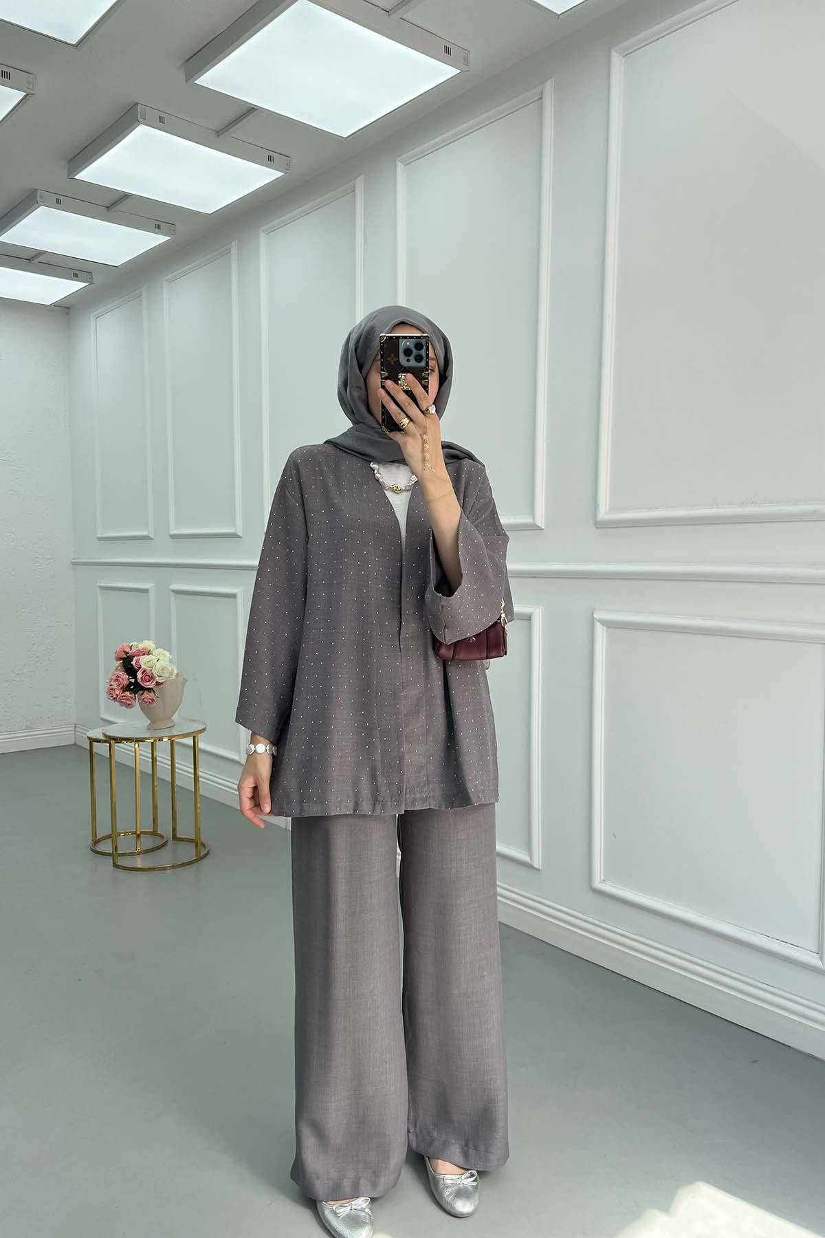 Taşlı Kimono Takım Gri