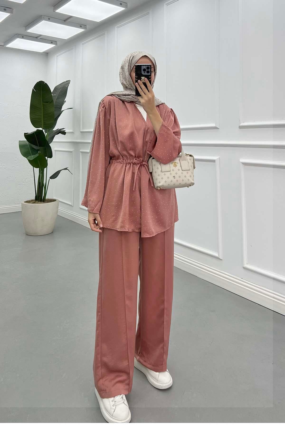 Taşlı Kimono Takım Gül Kurusu