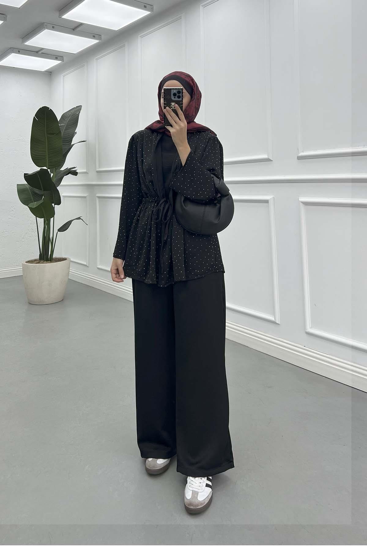 Taşlı Kimono Takım Siyah