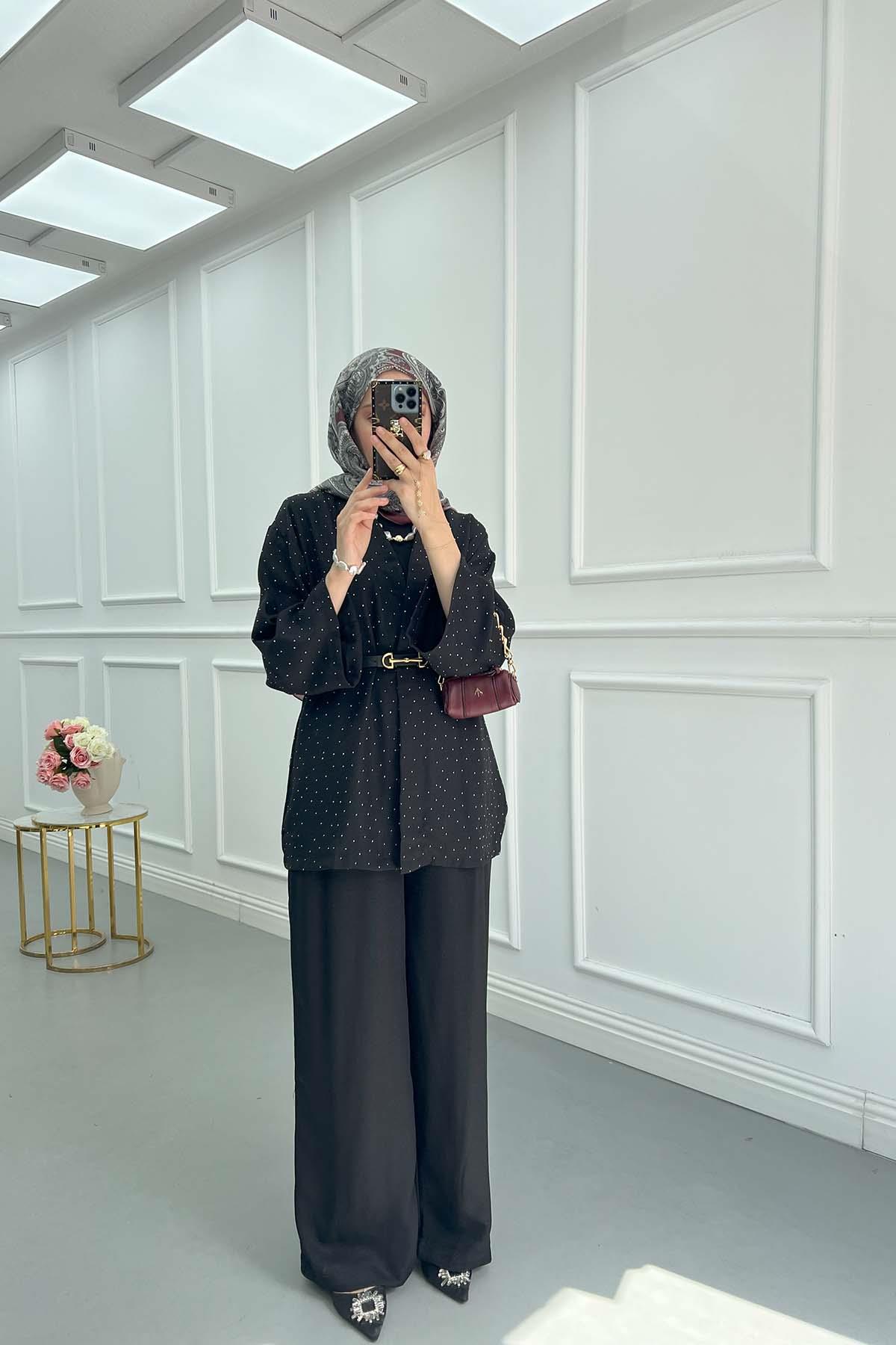 Taşlı Kimono Takım Siyah