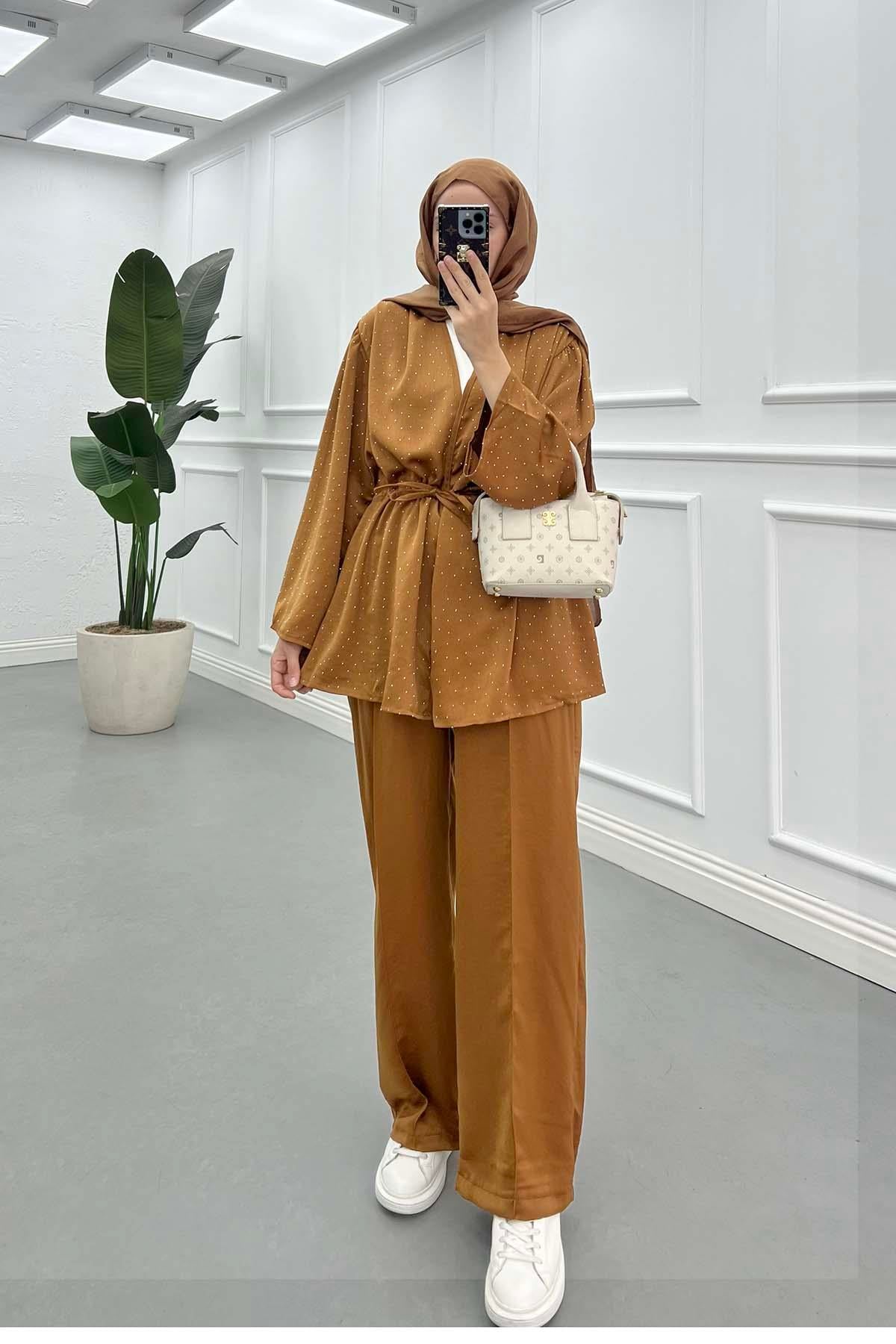 Taşlı Kimono Takım Taba