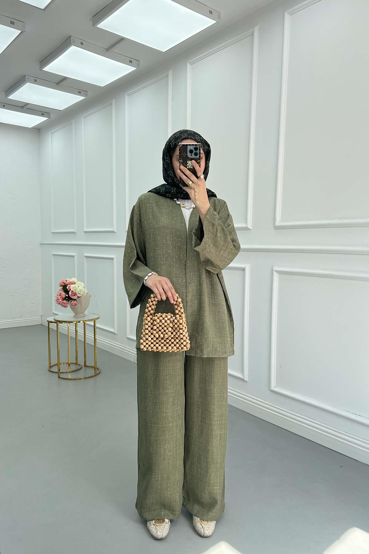 Taşlı Kimono Takım Yeşil