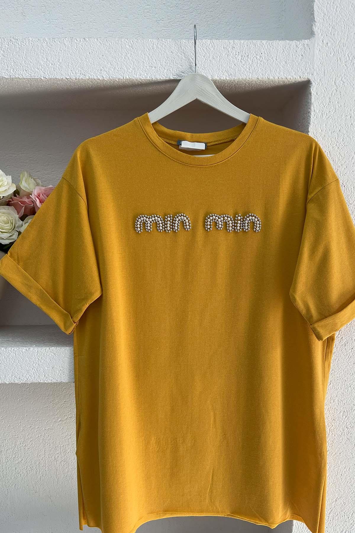 Taşlı Mın Tshirt Hardal