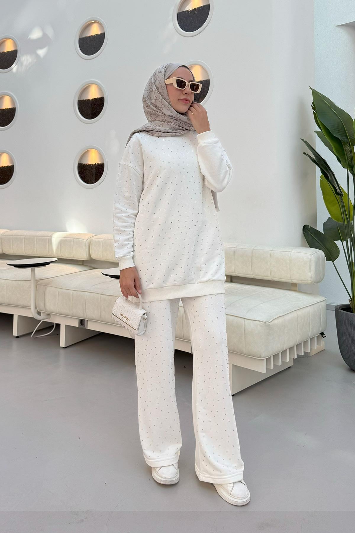 Taşlı Oysh Sweat Takım Beyaz