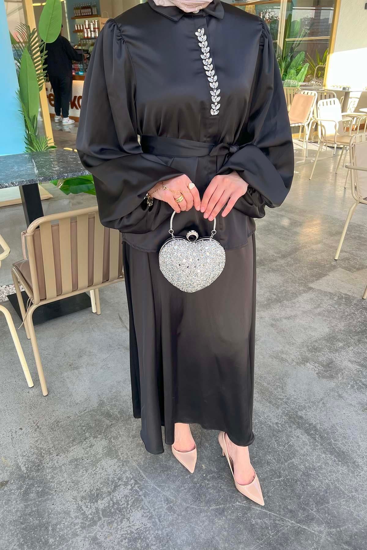 Taşlı Saten Etek Takım Siyah