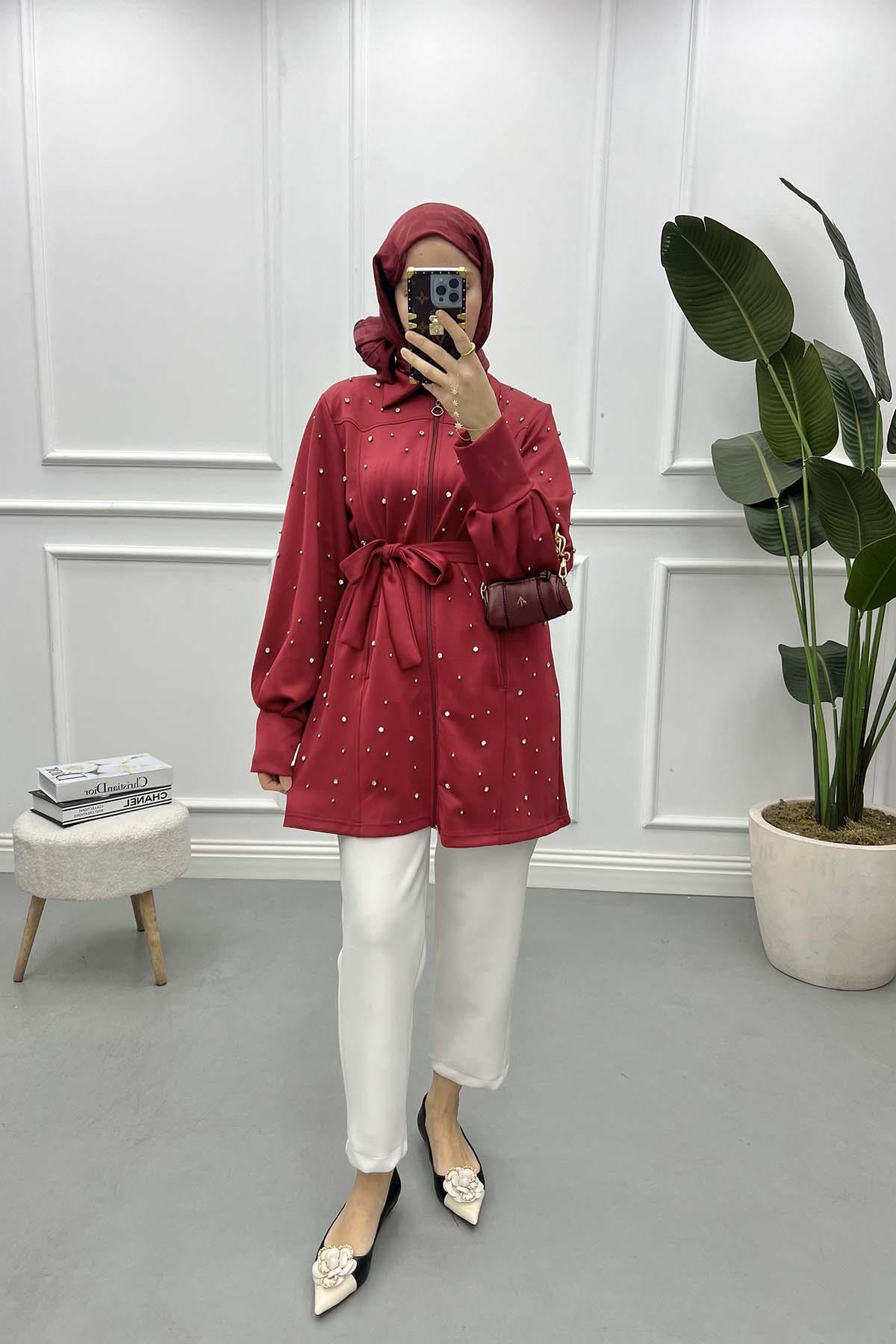 Taşlı Scuba Tunik Bordo