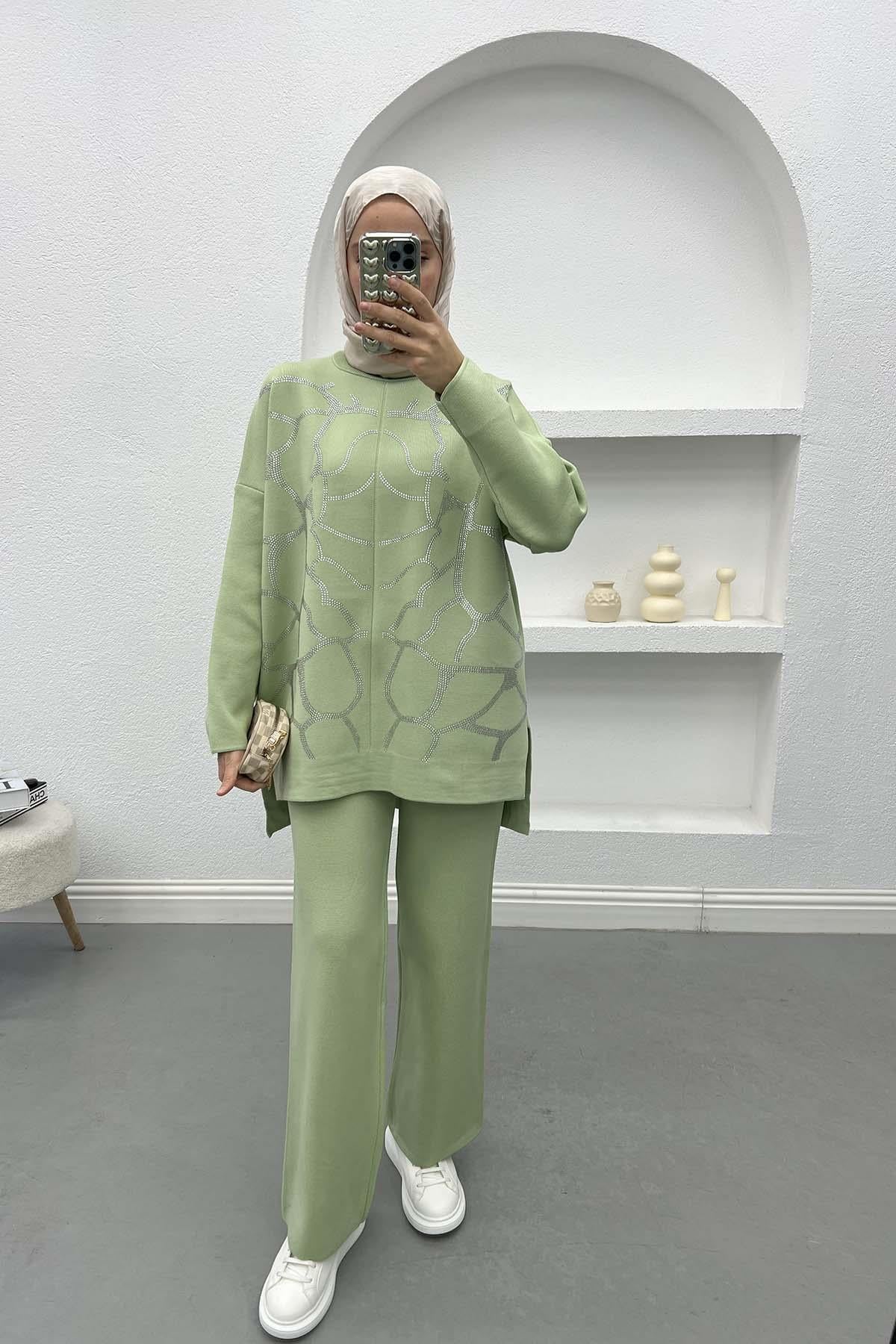 Taşlı Triko Takım Mint