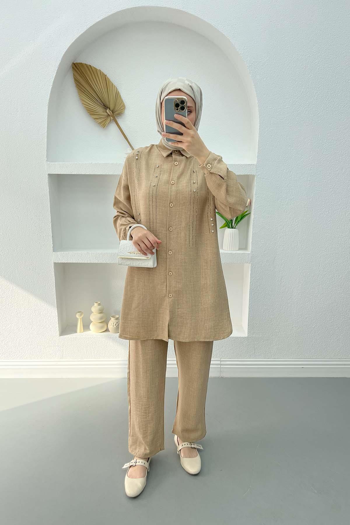 Taşlı Tunik Takım Bej
