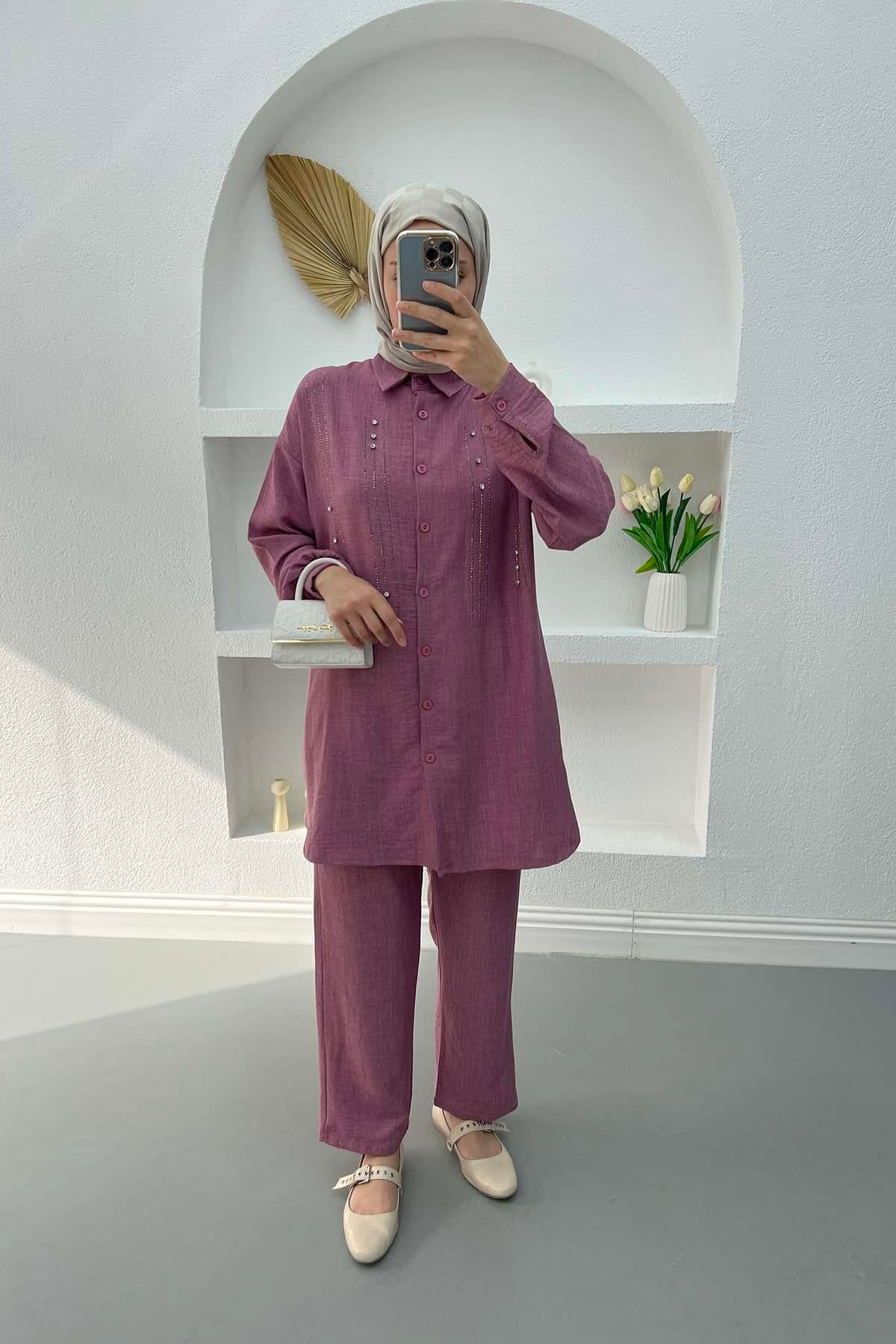 Taşlı Tunik Takım Pembe