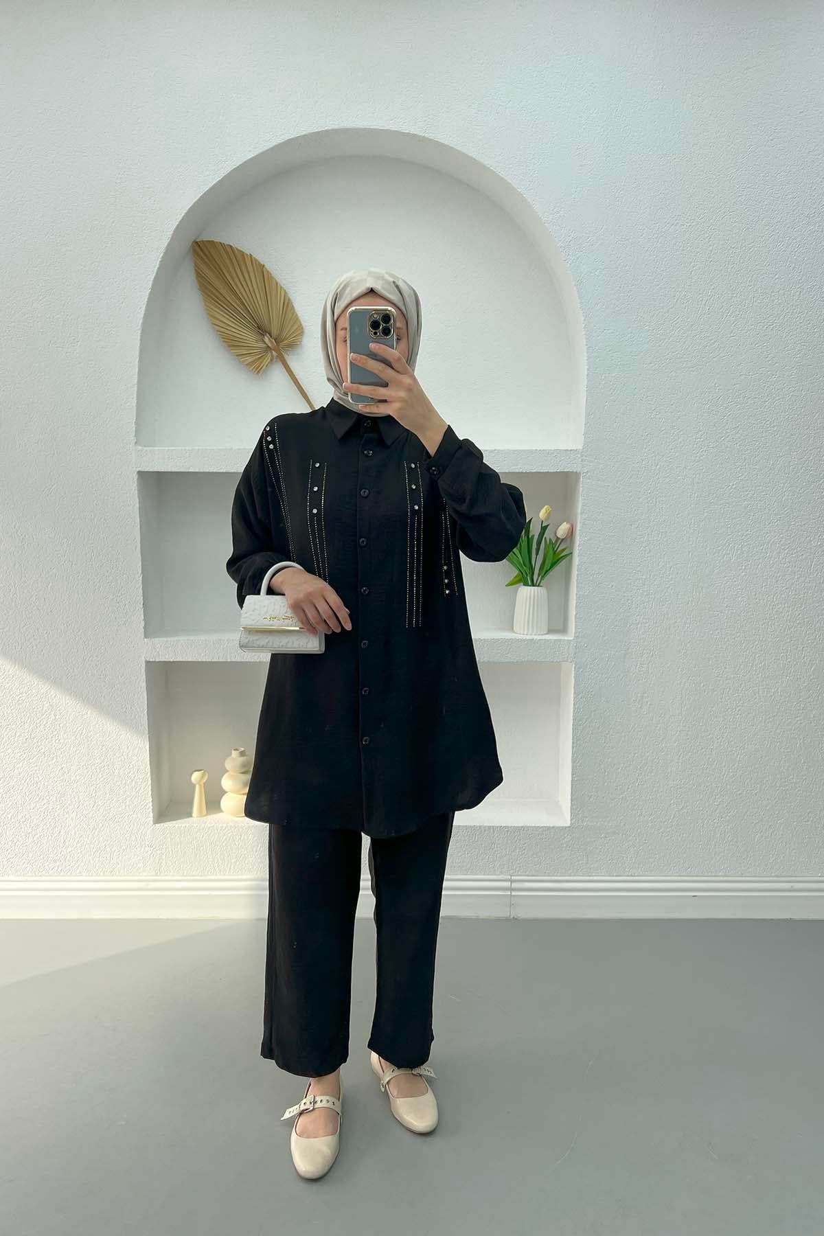 Taşlı Tunik Takım Siyah