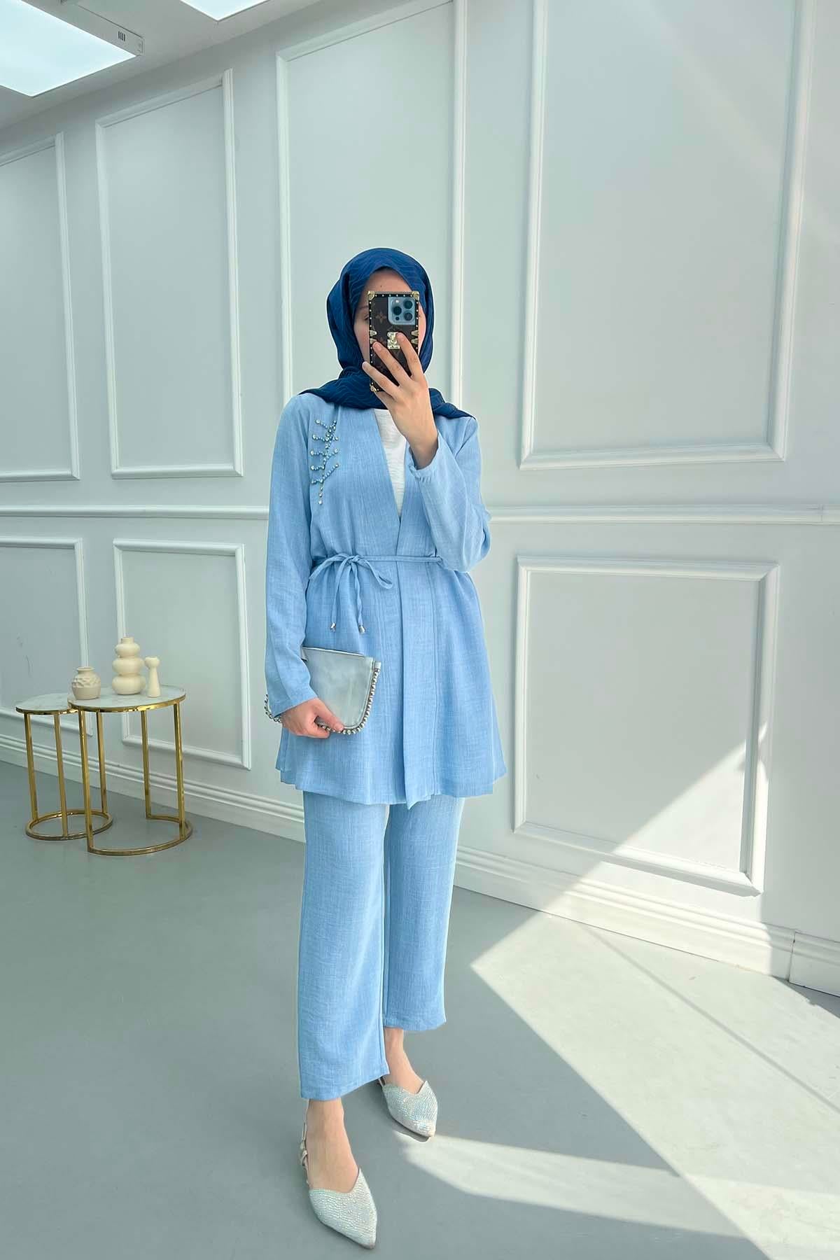 Taşlı Üçlü Takım Mavi