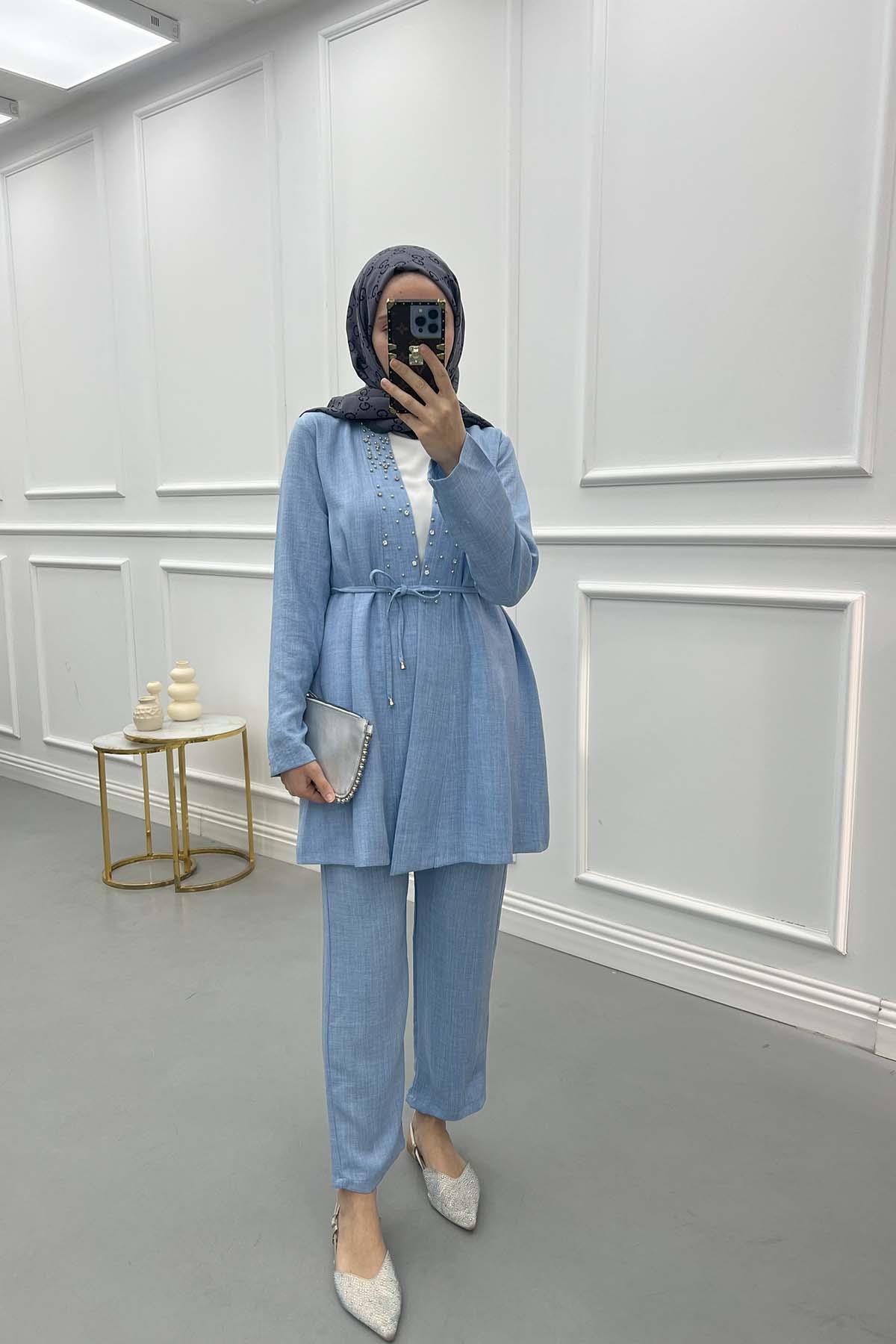 Taşlı Üçlü Takım Mavi