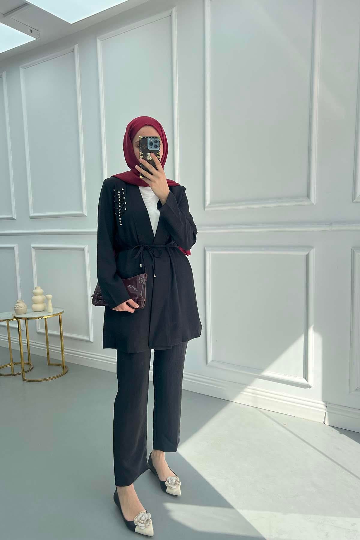 Taşlı Üçlü Takım Siyah