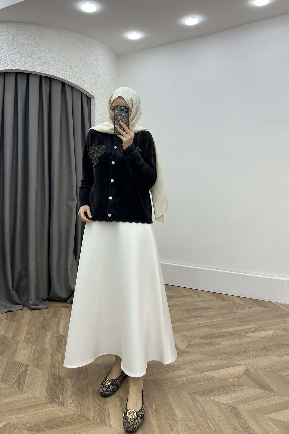 Taşlı ve Çiçek İşlemeli Angora Hırka Koyu Kahve