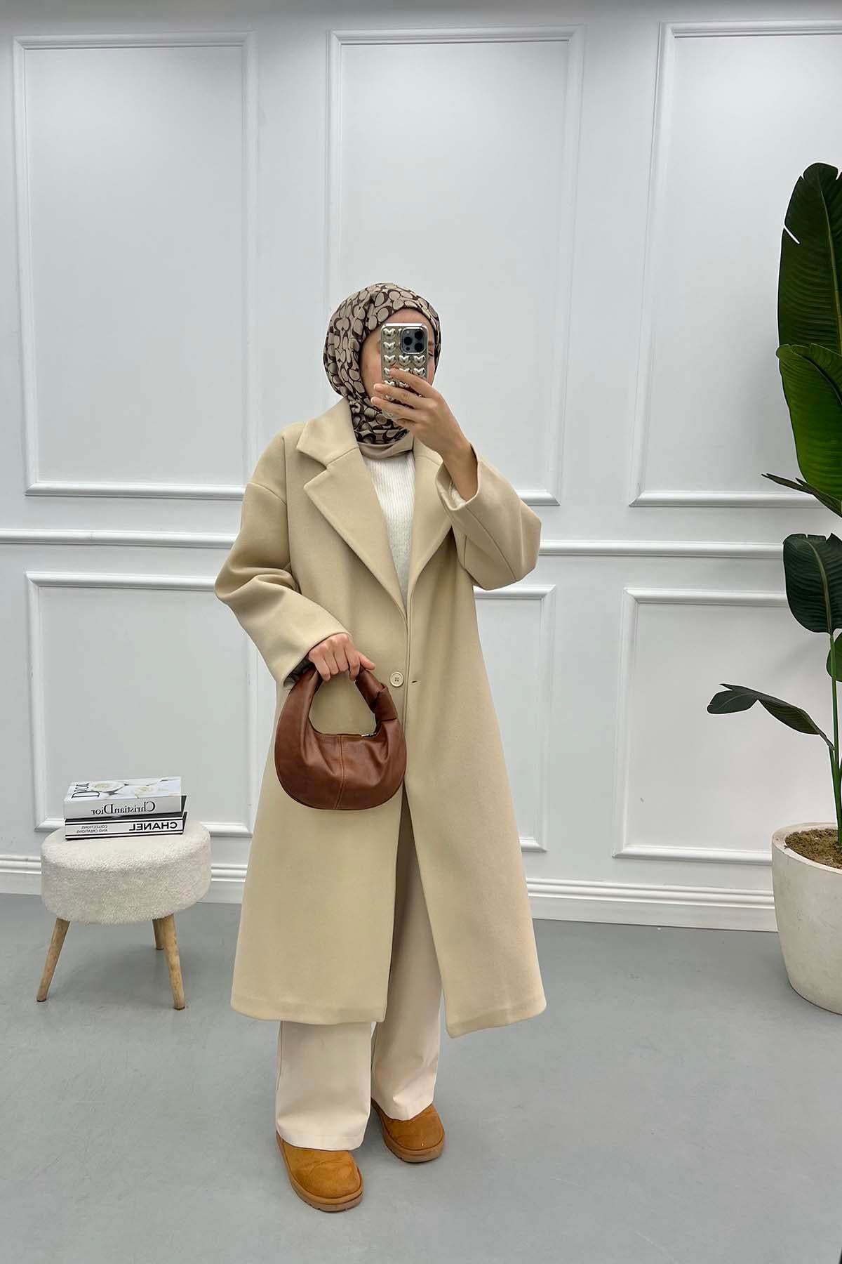 Tek Düğmeli Oversize Kaban Bej