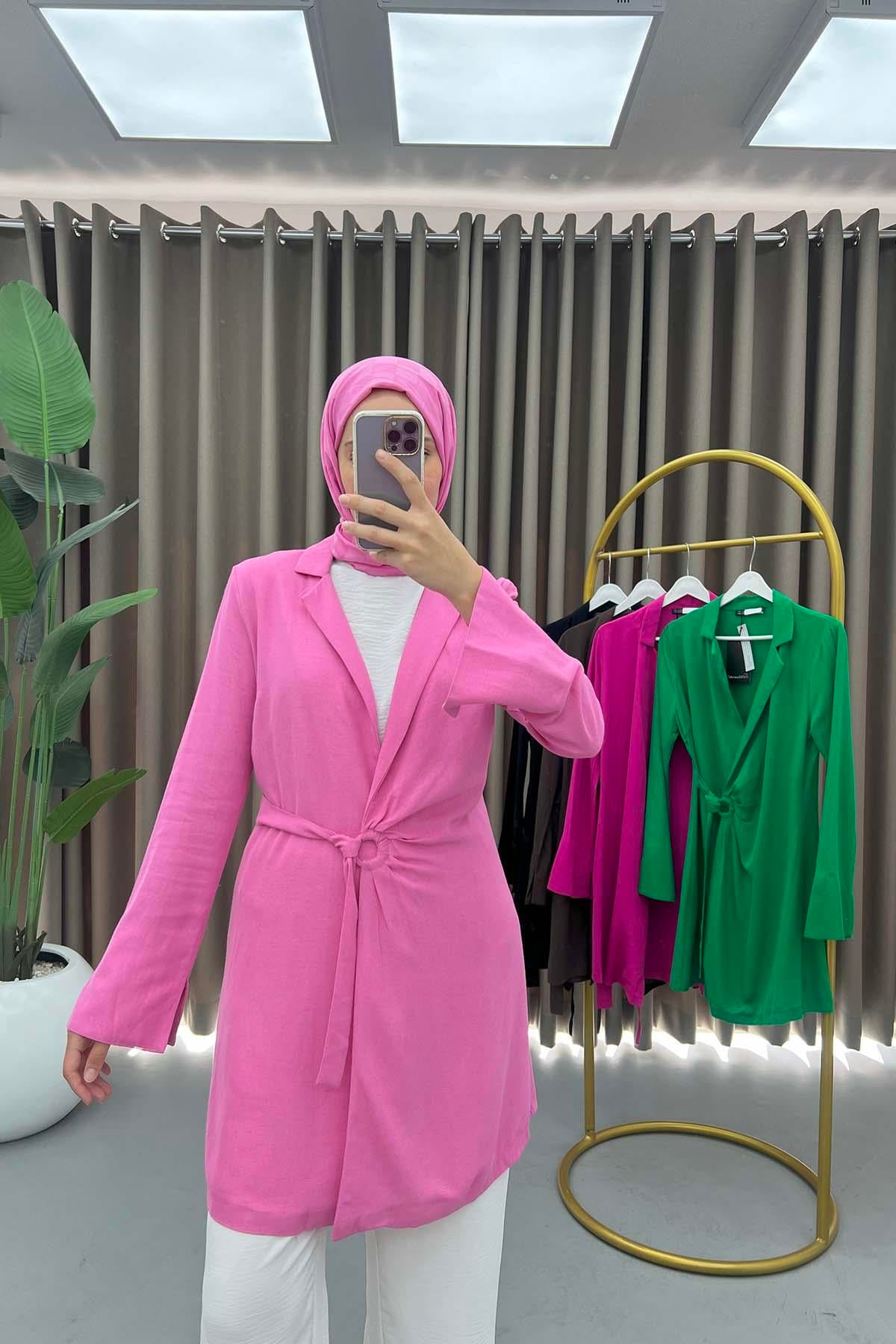 Toka Detaylı Keten Kimono Pembe