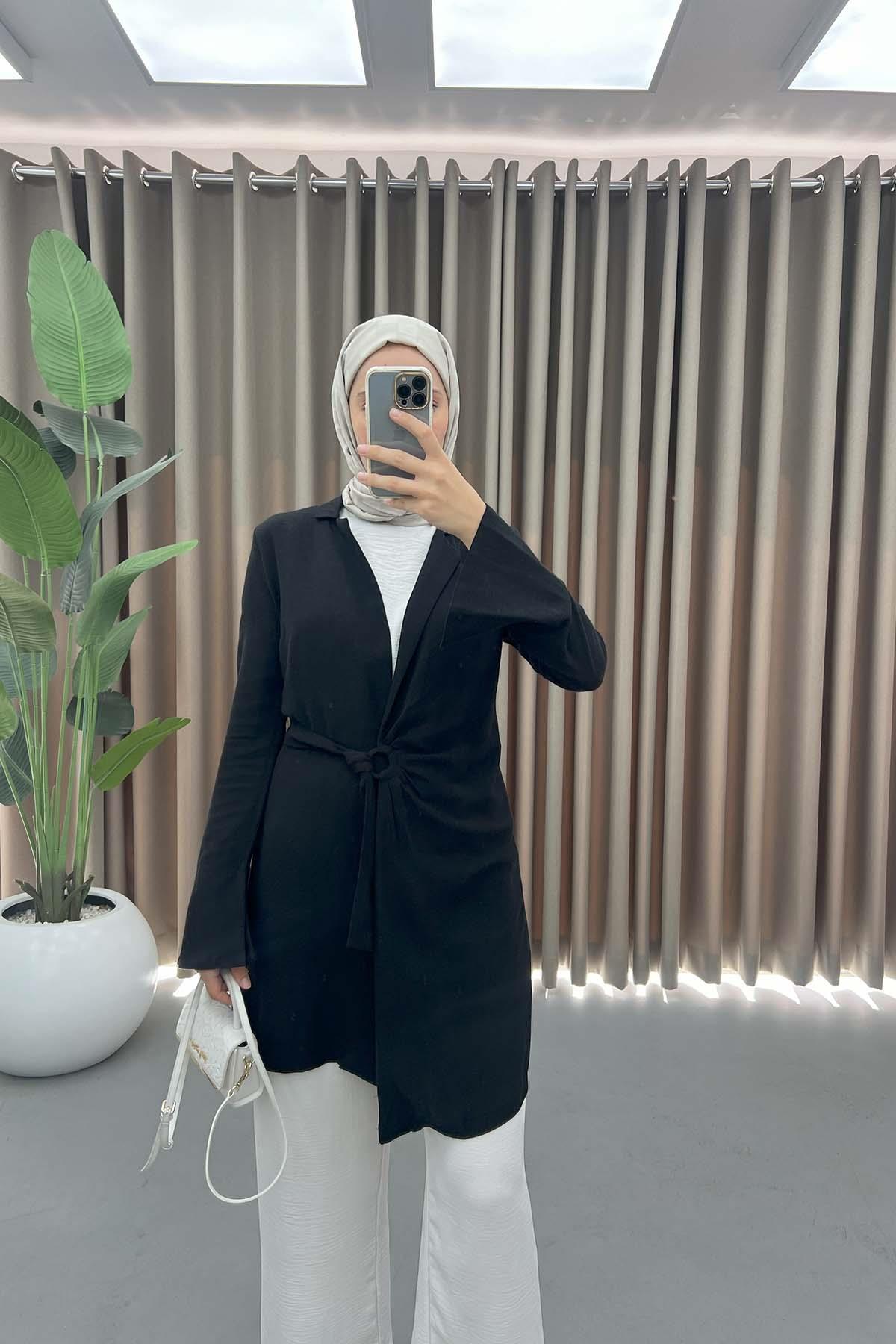 Toka Detaylı Keten Kimono Siyah