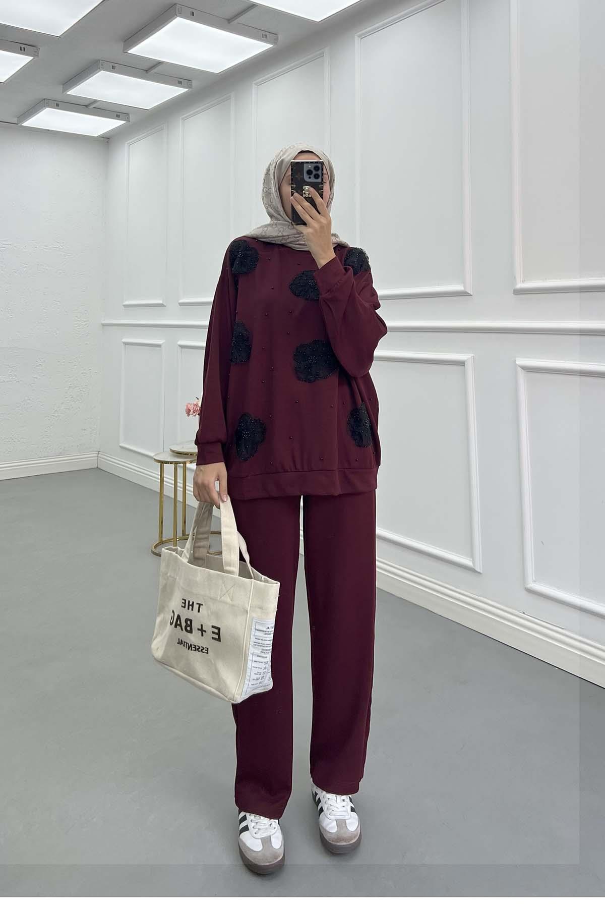 Tül Çiçek ve Taş İşlemeli Sweat Takım Bordo