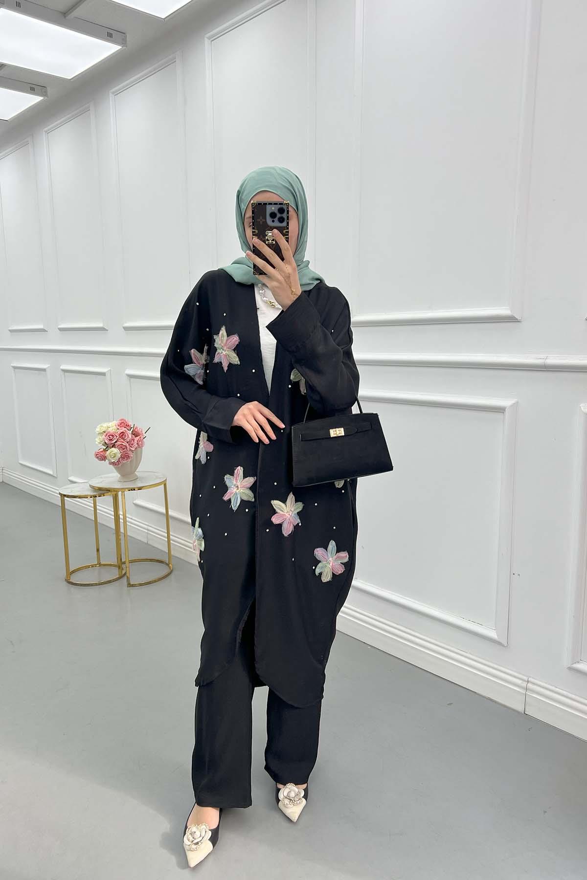 Tül Çiçekli Kimono Üçlü Takım Siyah