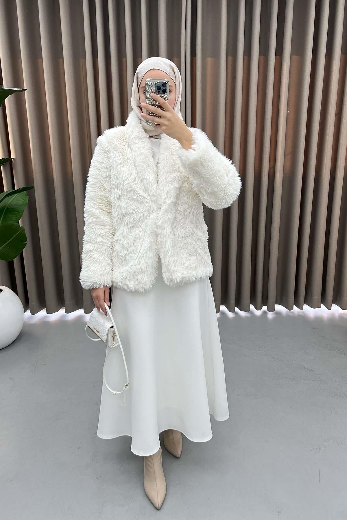 Tüylü Peluş Mont Beyaz