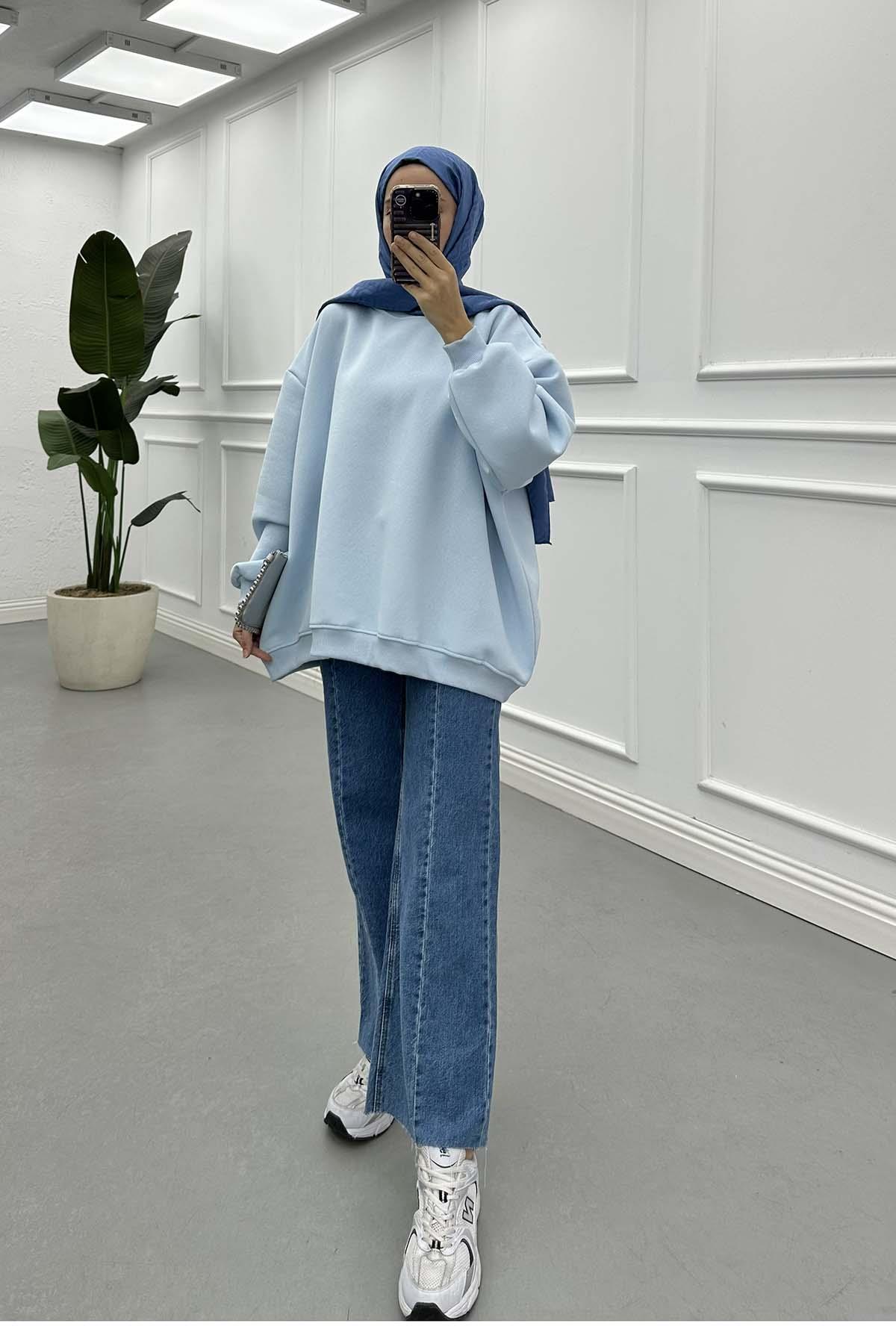 Üç İplik Bisiklet Yaka Sweatshirt Bebe Mavi