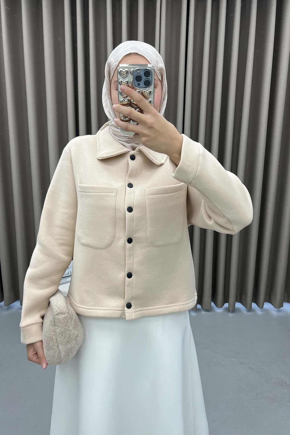 Üç İplik Çıtçıtlı Sweatshirt Bej