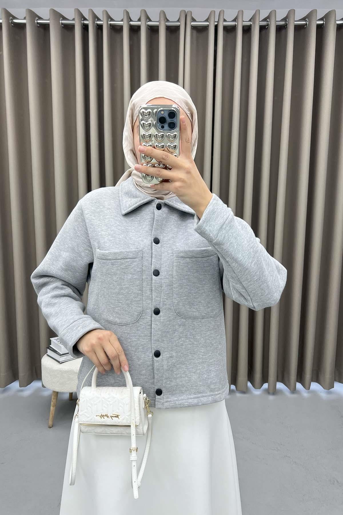 Üç İplik Çıtçıtlı Sweatshirt Gri