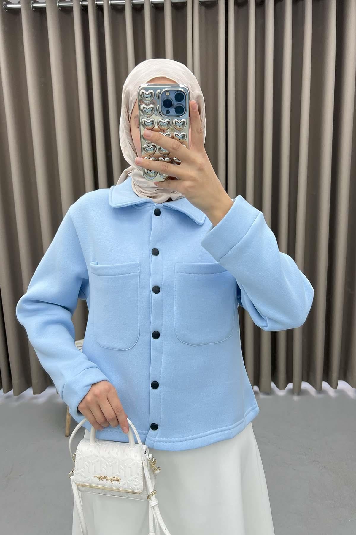 Üç İplik Çıtçıtlı Sweatshirt Mavi