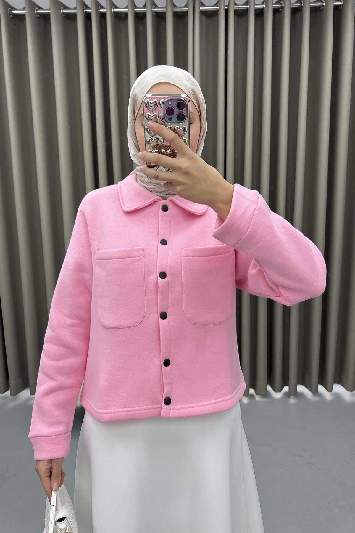 Üç İplik Çıtçıtlı Sweatshirt Pembe