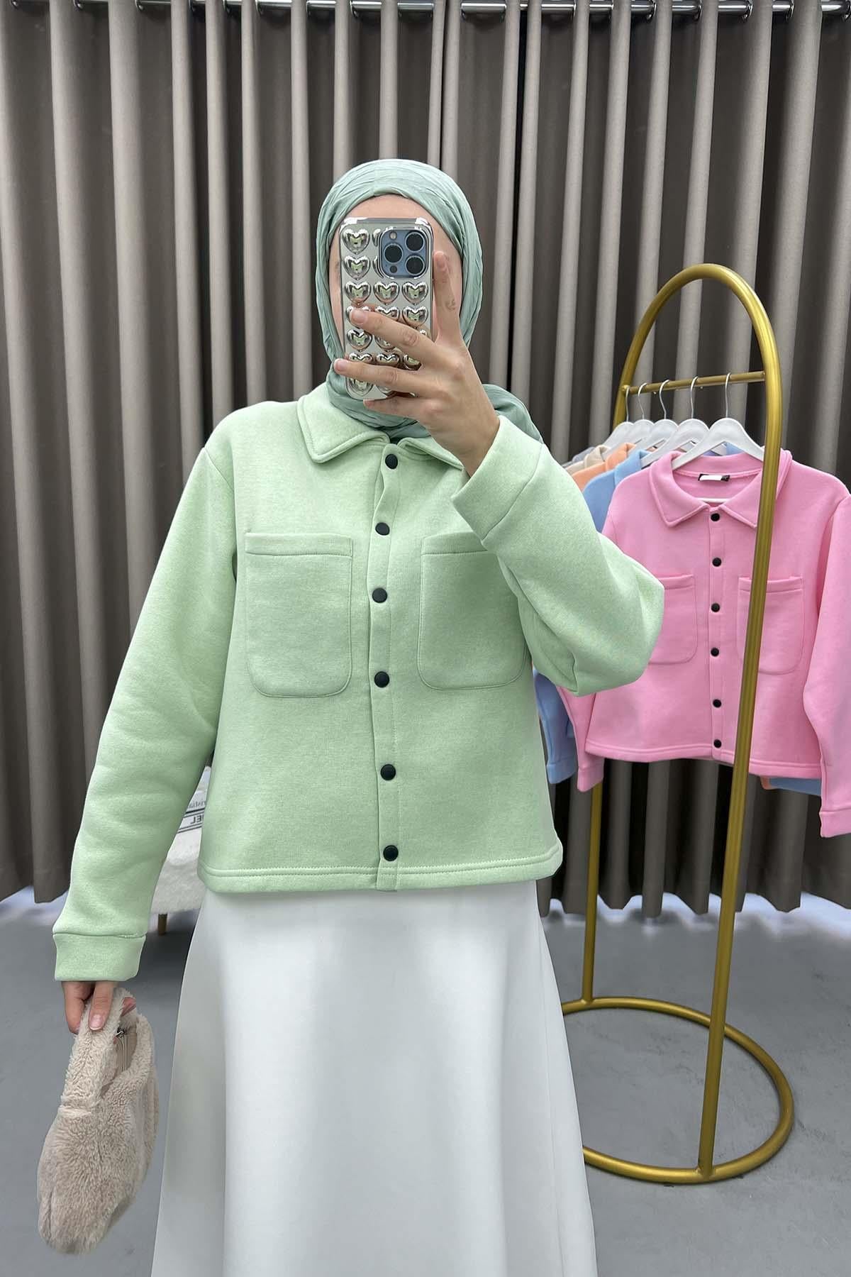 Üç İplik Çıtçıtlı Sweatshirt Su Yeşili