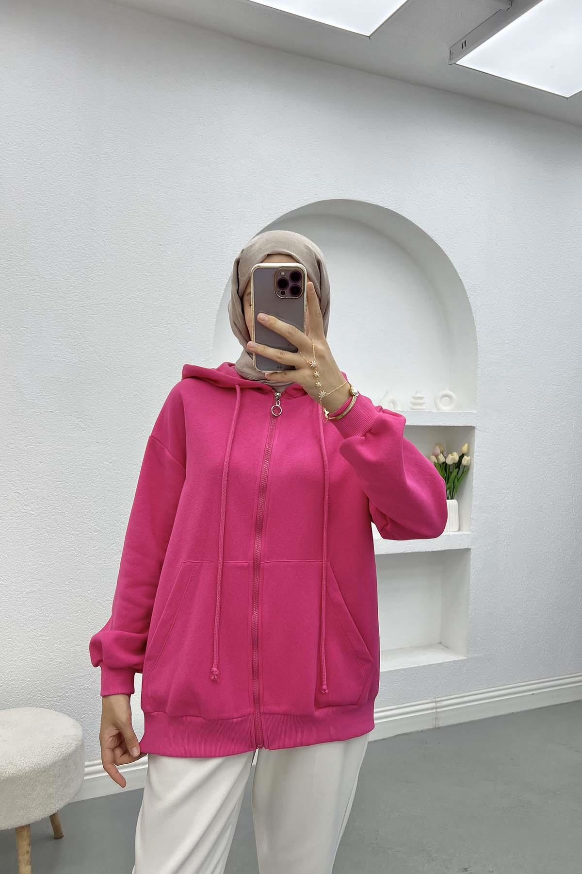 Üç İplik Kapüşonlu Sweatshirt Fuşya