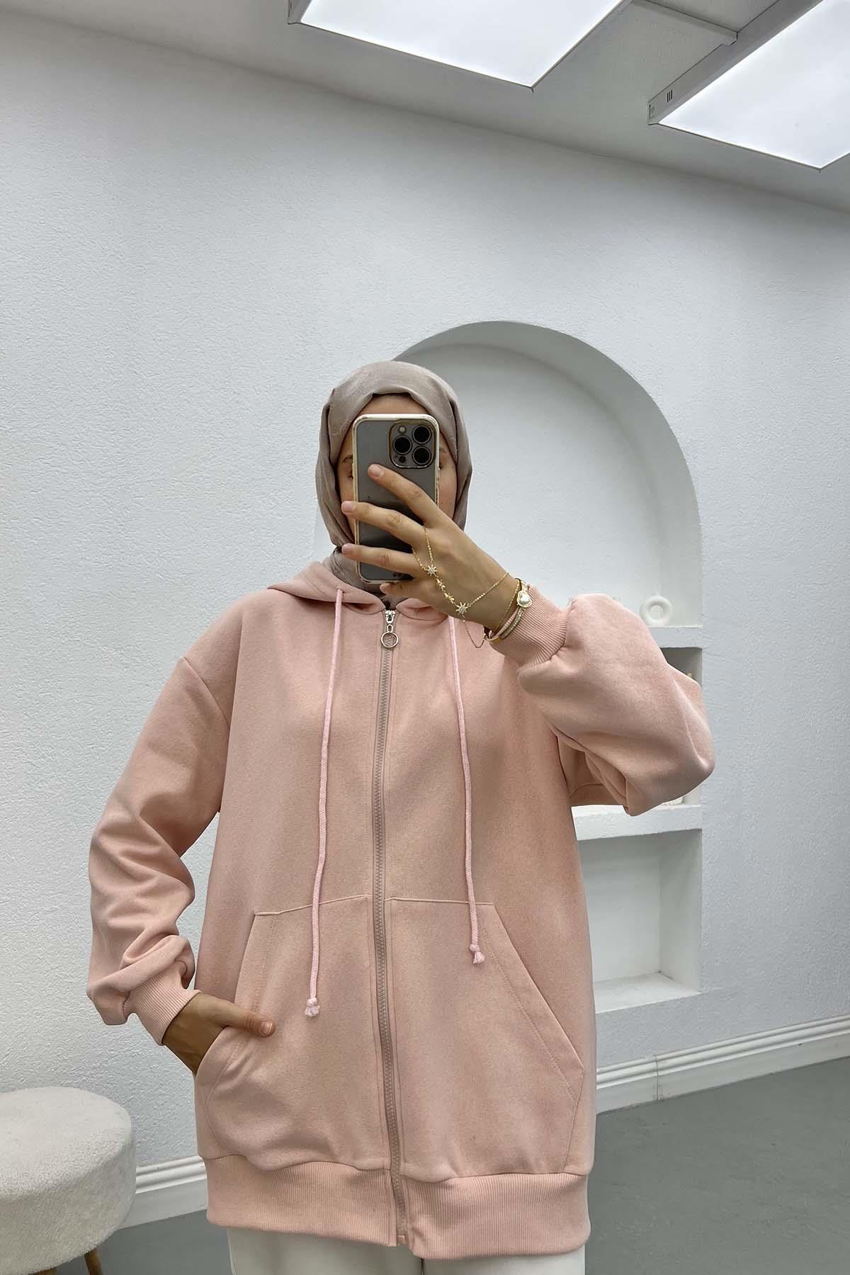 Üç İplik Kapüşonlu Sweatshirt Pudra