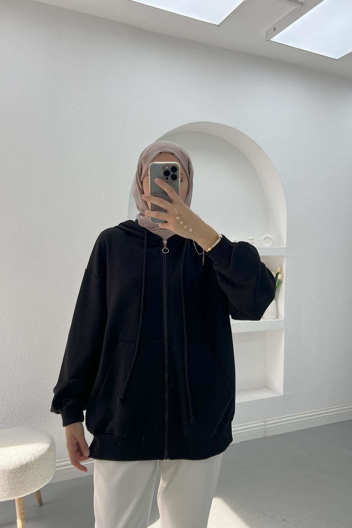 Üç İplik Kapüşonlu Sweatshirt Siyah