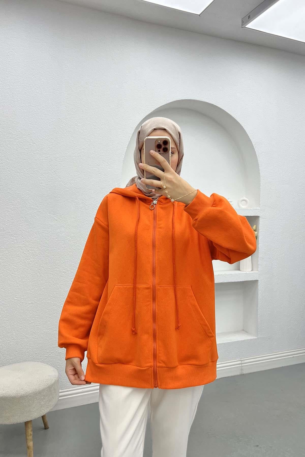 Üç İplik Kapüşonlu Sweatshirt Turuncu