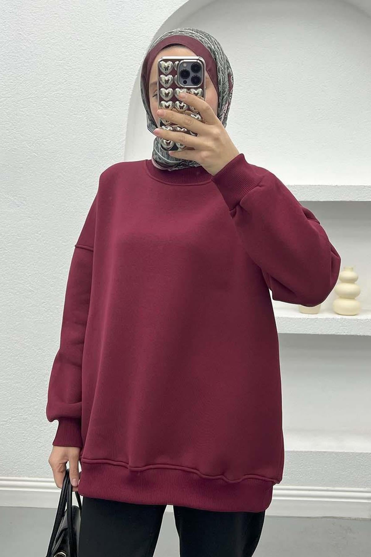 Üç İplik Oversize Sweatshirt Bordo