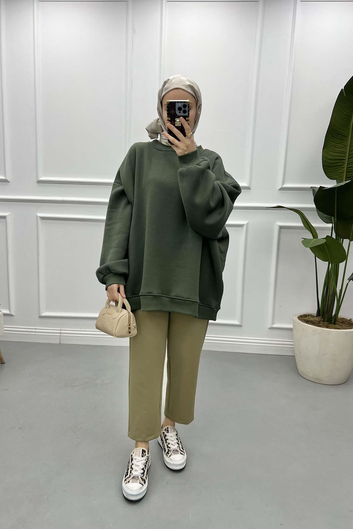 Üç İplik Oversize Sweatshirt Haki