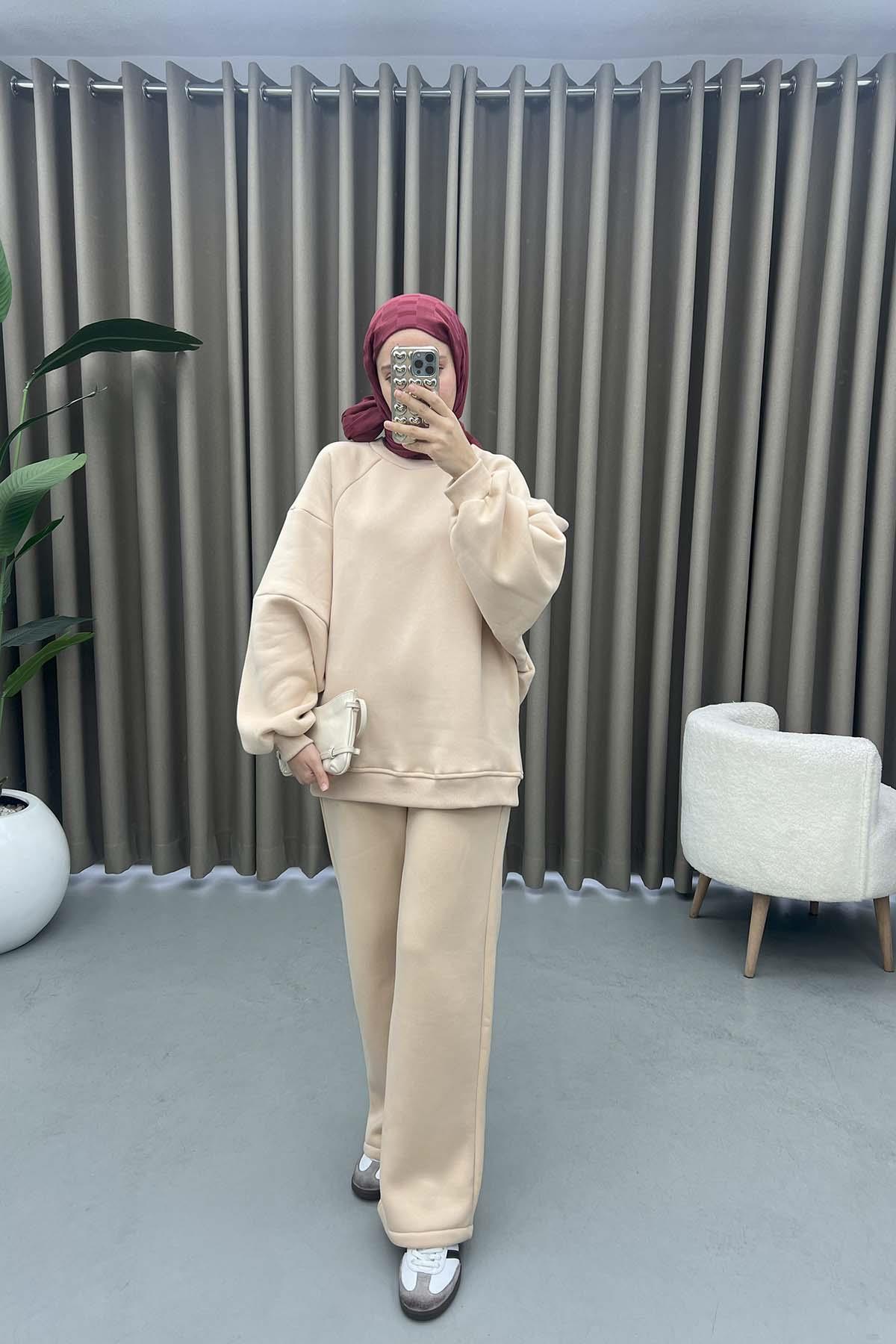 Üç İplik Sweatshirt Takım Bej