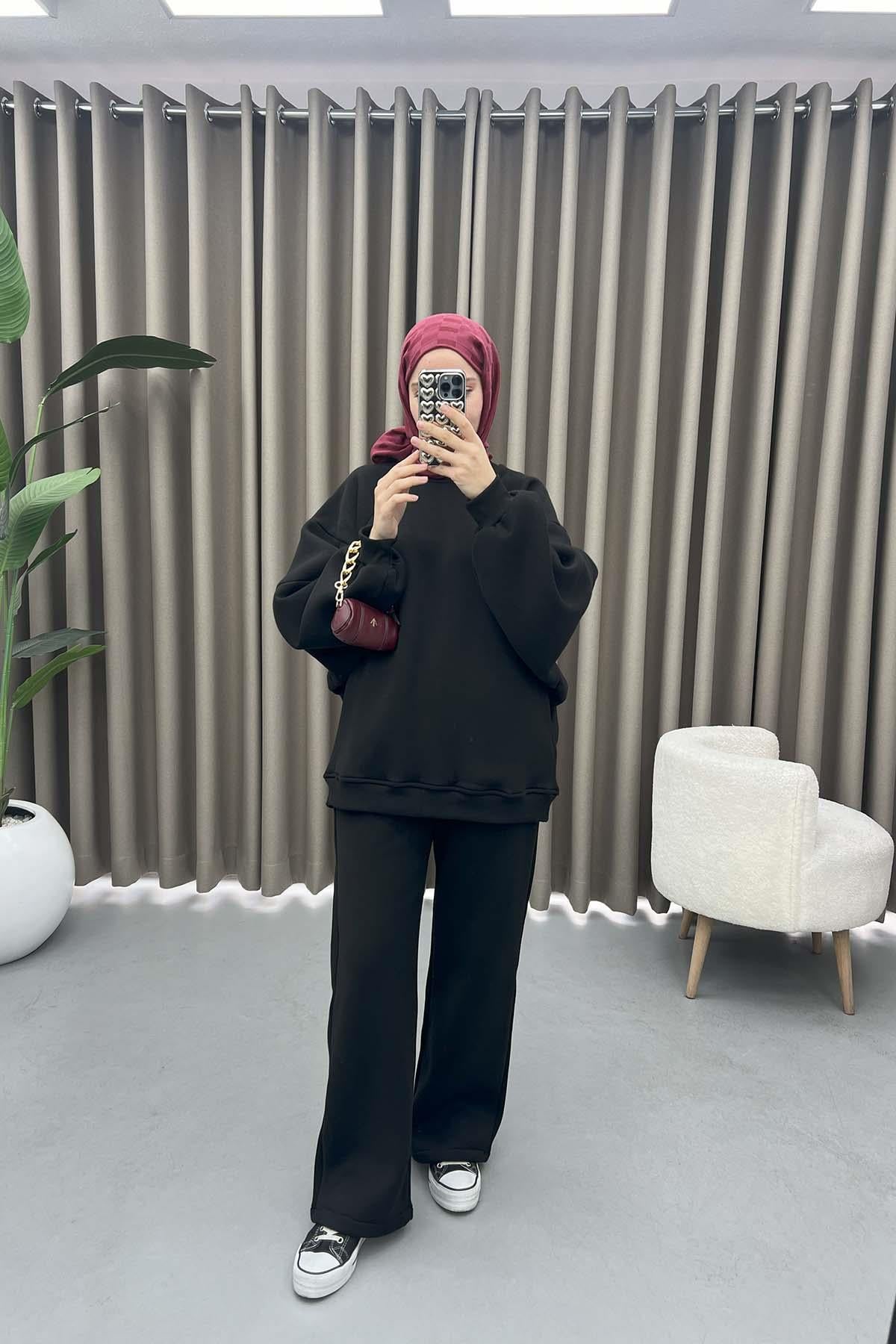 Üç İplik Sweatshirt Takım Siyah
