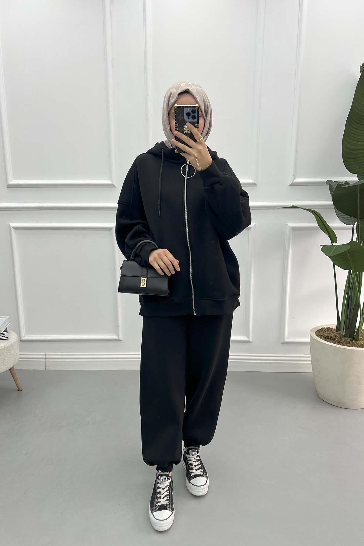 Üç İplik Sweatshirt Takım Siyah