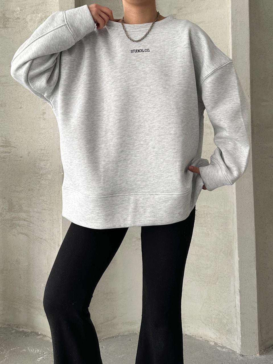 Üç İplik Yazılı Oversize Sweatshirt Açık Gri